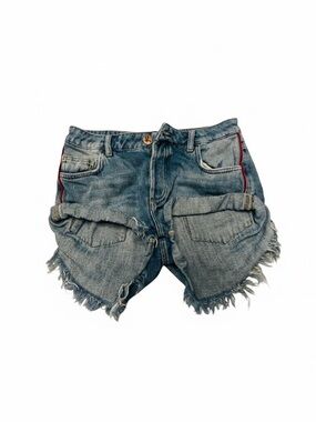 One Teaspoon Cotto Button Distress Shorts Blue Sz 10 Waist 30" Frayed Red Piping